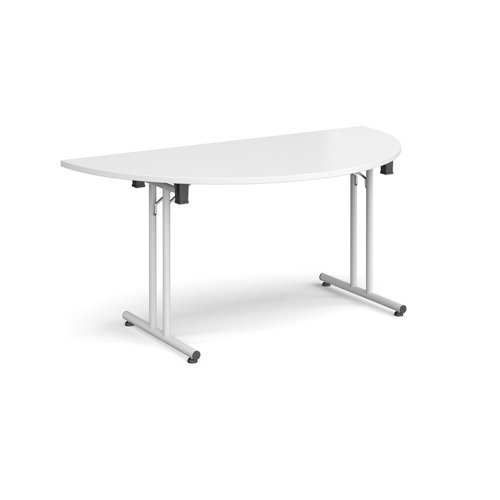 Semi circular folding leg table with white legs and straight foot rails 1600mm x 800mm white - SFL1600S-WH-WH