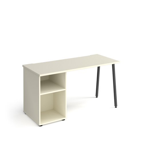Sparta straight desk 1400mm x 600mm with A-frame leg and support pedestal charcoal frame white top - SP614P-WH