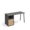 Sparta straight desk 1400mm x 600mm with A-frame leg and support pedestal with cupboard door charcoal frame grey finish with oak door - SP614P-C-OG-KO