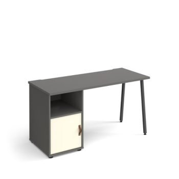 Sparta straight desk 1400mm x 600mm with A-frame leg and support pedestal with cupboard door charcoal frame grey finish with white door - SP614P-C-OG-WH