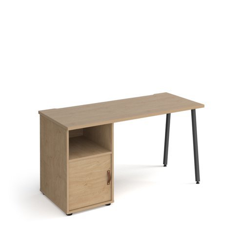 Sparta straight desk 1400mm x 600mm with A-frame leg and support pedestal with cupboard door charcoal frame oak finish with oak door - SP614P-C-KO-KO