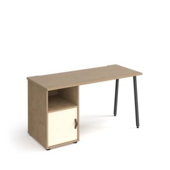 Sparta straight desk 1400mm x 600mm with A-frame leg and support pedestal with cupboard door charcoal frame oak finish with white door - SP614P-C-KO-WH