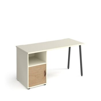 Sparta straight desk 1400mm x 600mm with A-frame leg and support pedestal with cupboard door charcoal frame white finish with oak door - SP614P-C-WH-KO