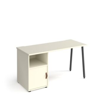 Sparta straight desk 1400mm x 600mm with A-frame leg and support pedestal with cupboard door charcoal frame white finish with white door - SP614P-C-WH-WH