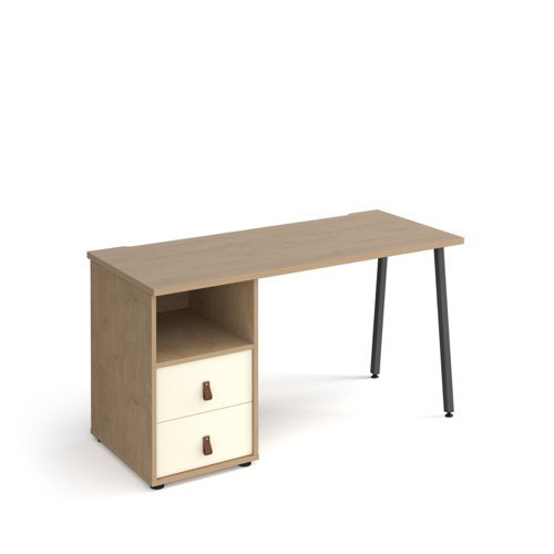 Sparta straight desk 1400mm x 600mm with A-frame leg and support pedestal with drawers charcoal frame oak finish with white drawers - SP614P-D-KO-WH