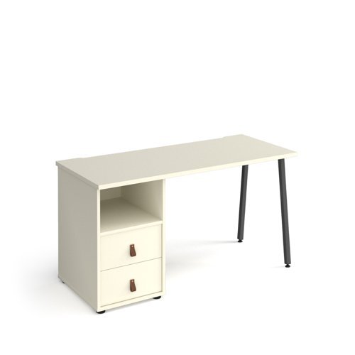 Sparta straight desk 1400mm x 600mm with A-frame leg and support pedestal with drawers charcoal frame white finish with white drawers - SP614P-D-WH-WH