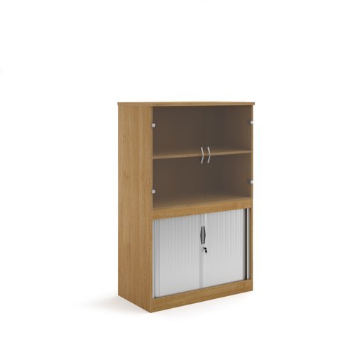Systems combination unit with tambour doors and glass upper doors 1600mm high with 2 shelves oak - TG16O