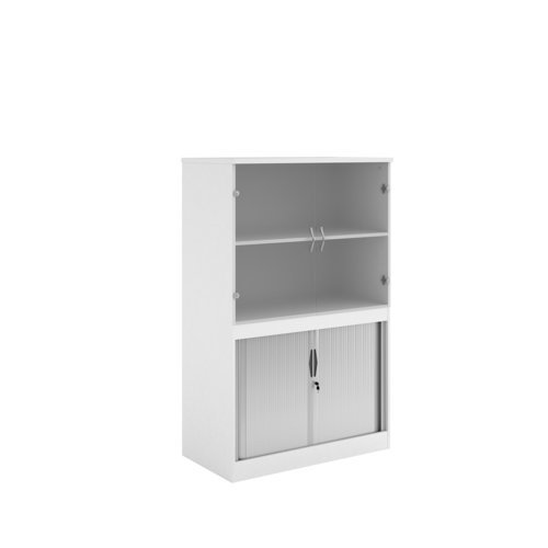 Systems combination unit with tambour doors and glass upper doors 1600mm high with 2 shelves white - TG16WH