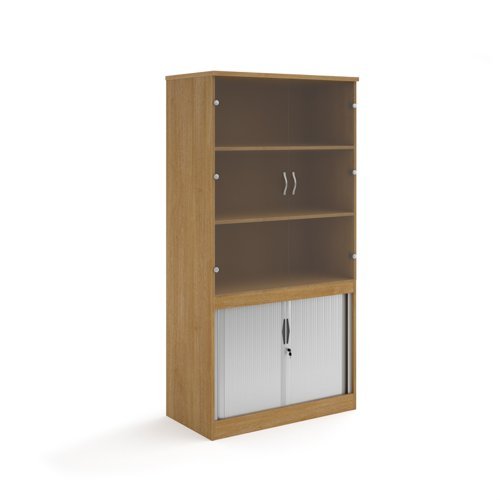Systems combination unit with tambour doors and glass upper doors 2000mm high with 2 shelves oak - TG20O