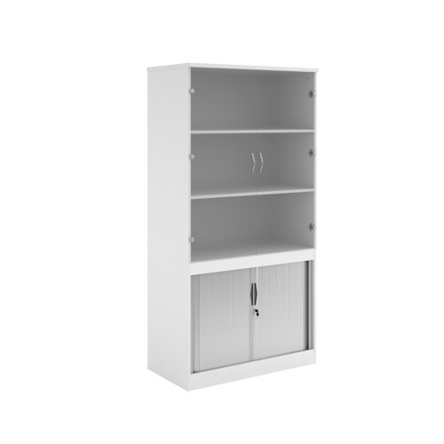 Systems combination unit with tambour doors and glass upper doors 2000mm high with 2 shelves white - TG20WH