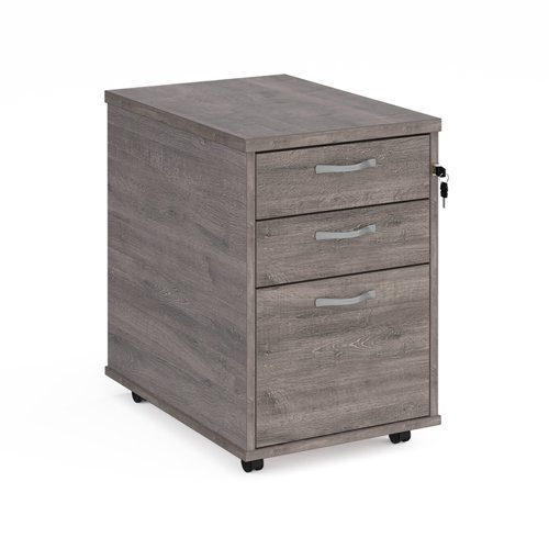 Tall mobile 3 drawer pedestal with silver handles 600mm deep grey oak - TMPGO