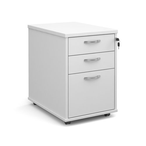 Tall mobile 3 drawer pedestal with silver handles 600mm deep white - TMPWH