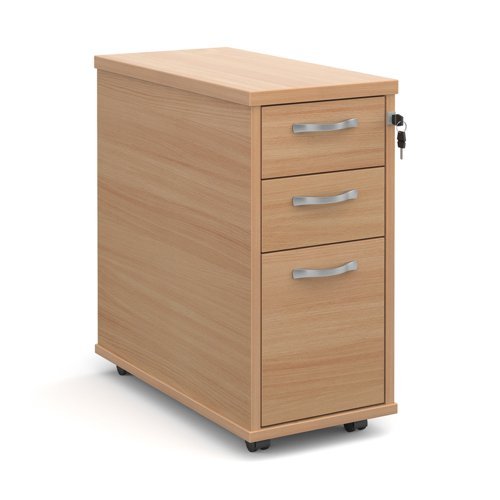 Tall slimline mobile 3 drawer pedestal with silver handles 600mm deep beech - TNMPB