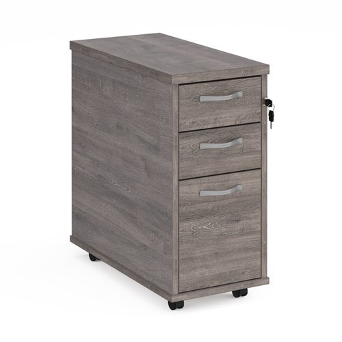 Tall slimline mobile 3 drawer pedestal with silver handles 600mm deep grey oak - TNMPGO