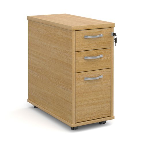 Tall slimline mobile 3 drawer pedestal with silver handles 600mm deep oak - TNMPO