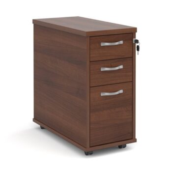 Tall slimline mobile 3 drawer pedestal with silver handles 600mm deep walnut - TNMPW