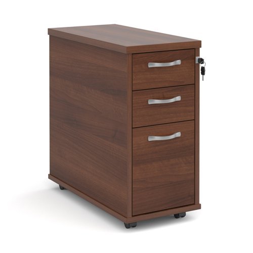 Tall slimline mobile 3 drawer pedestal with silver handles 600mm deep walnut - TNMPW