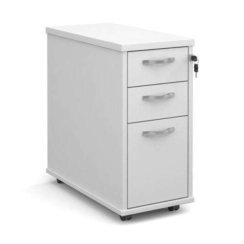 Tall slimline mobile 3 drawer pedestal with silver handles 600mm deep white - TNMPWH