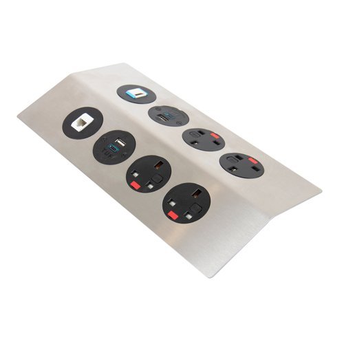 Tholus in-table power module 4 x UK sockets 2 x TUF (A&C connectors) USB charger 1 x RJ45 socket 1 x HDMI socket brushed steel/black - THL-2-S