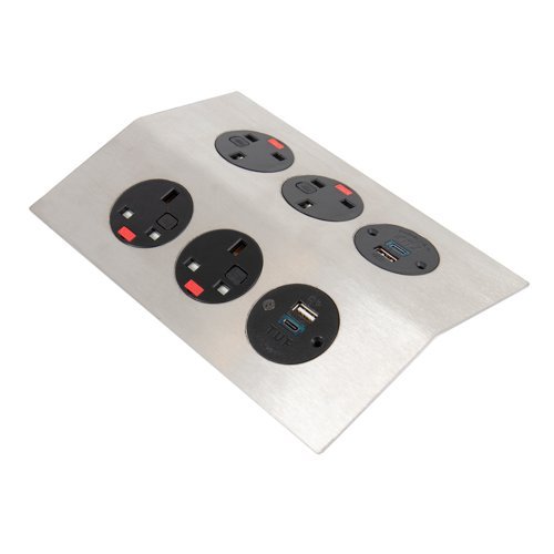 Tholus in-table power module 4 x UK sockets 2 x TUF (A&C connectors) USB charger brushed steel/black - THL-1-S