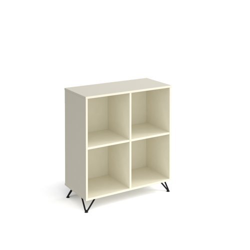 Tikal cube storage unit 950mm high with 4 open boxes and black hairpin legs white - TKCS2-2-WH