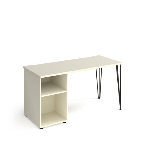 Tikal straight desk 1400mm x 600mm with hairpin leg and support pedestal black legs white top - TK614P-WH