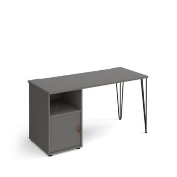 Tikal straight desk 1400mm x 600mm with hairpin leg and support pedestal with cupboard door black legs grey finish with grey door - TK614P-C-OG-OG