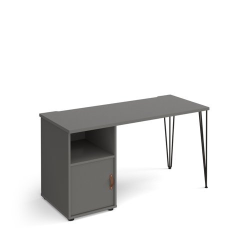 Tikal straight desk 1400mm x 600mm with hairpin leg and support pedestal with cupboard door black legs grey finish with grey door - TK614P-C-OG-OG