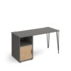 Tikal straight desk 1400mm x 600mm with hairpin leg and support pedestal with cupboard door black legs grey finish with oak door - TK614P-C-OG-KO