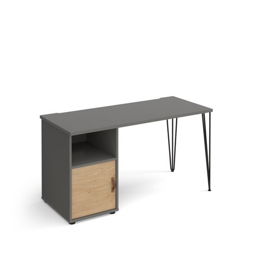 Tikal straight desk 1400mm x 600mm with hairpin leg and support pedestal with cupboard door black legs grey finish with oak door - TK614P-C-OG-KO