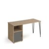 Tikal straight desk 1400mm x 600mm with hairpin leg and support pedestal with cupboard door black legs oak finish with grey door - TK614P-C-KO-OG
