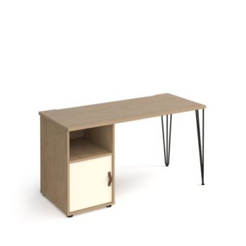 Tikal straight desk 1400mm x 600mm with hairpin leg and support pedestal with cupboard door black legs oak finish with white door - TK614P-C-KO-WH