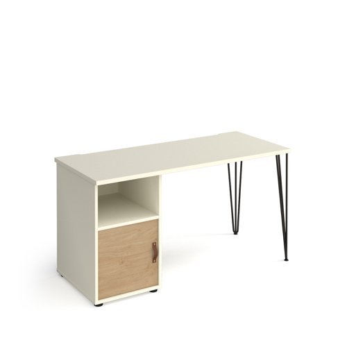 Tikal straight desk 1400mm x 600mm with hairpin leg and support pedestal with cupboard door black legs white finish with oak door - TK614P-C-WH-KO