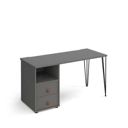 Tikal straight desk 1400mm x 600mm with hairpin leg and support pedestal with drawers black legs grey finish with grey drawers - TK614P-D-OG-OG