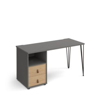 Tikal straight desk 1400mm x 600mm with hairpin leg and support pedestal with drawers black legs grey finish with oak drawers - TK614P-D-OG-KO