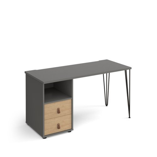 Tikal straight desk 1400mm x 600mm with hairpin leg and support pedestal with drawers black legs grey finish with oak drawers - TK614P-D-OG-KO