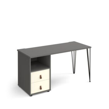 Tikal straight desk 1400mm x 600mm with hairpin leg and support pedestal with drawers black legs grey finish with white drawers - TK614P-D-OG-WH