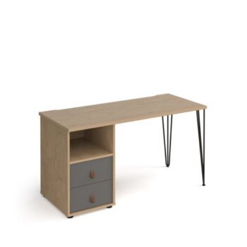 Tikal straight desk 1400mm x 600mm with hairpin leg and support pedestal with drawers black legs oak finish with grey drawers - TK614P-D-KO-OG