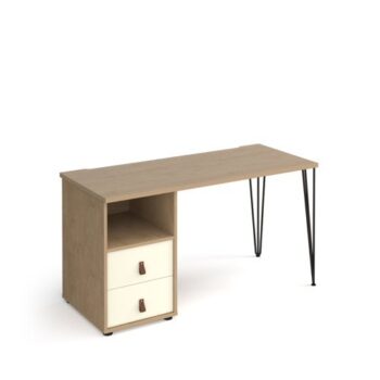 Tikal straight desk 1400mm x 600mm with hairpin leg and support pedestal with drawers black legs oak finish with white drawers - TK614P-D-KO-WH