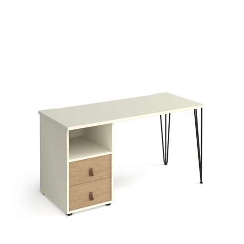 Tikal straight desk 1400mm x 600mm with hairpin leg and support pedestal with drawers black legs white finish with oak drawers - TK614P-D-WH-KO