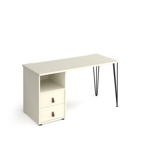 Tikal straight desk 1400mm x 600mm with hairpin leg and support pedestal with drawers black legs white finish with white drawers - TK614P-D-WH-WH
