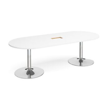 Trumpet base radial end boardroom table 2400mm x 1000mm with central cutout 272mm x 132mm chrome base white top - TB24-CO-C-WH