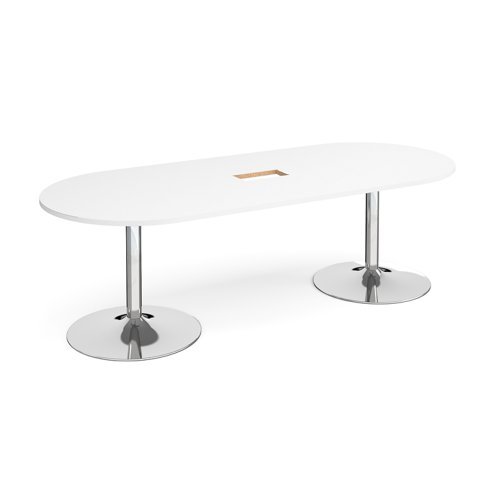 Trumpet base radial end boardroom table 2400mm x 1000mm with central cutout 272mm x 132mm chrome base white top - TB24-CO-C-WH
