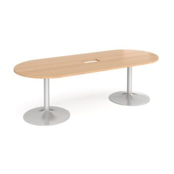 Trumpet base radial end boardroom table 2400mm x 1000mm with central cutout 272mm x 132mm silver base beech top - TB24-CO-S-B