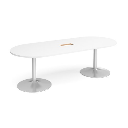Trumpet base radial end boardroom table 2400mm x 1000mm with central cutout 272mm x 132mm silver base white top - TB24-CO-S-WH