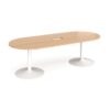 Trumpet base radial end boardroom table 2400mm x 1000mm with central cutout 272mm x 132mm white base beech top - TB24-CO-WH-B
