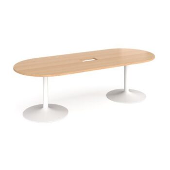 Trumpet base radial end boardroom table 2400mm x 1000mm with central cutout 272mm x 132mm white base beech top - TB24-CO-WH-B