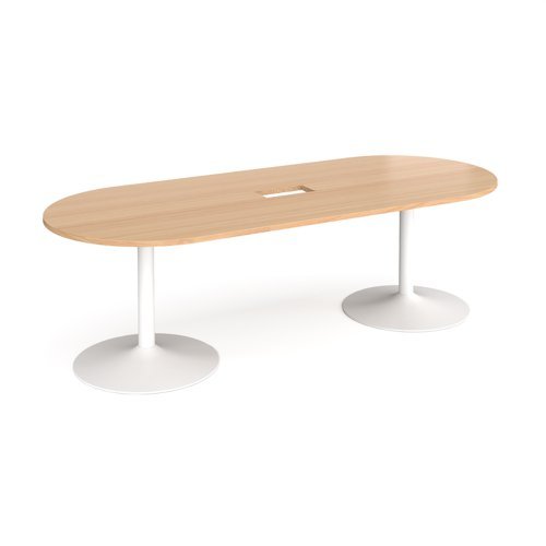 Trumpet base radial end boardroom table 2400mm x 1000mm with central cutout 272mm x 132mm white base beech top - TB24-CO-WH-B