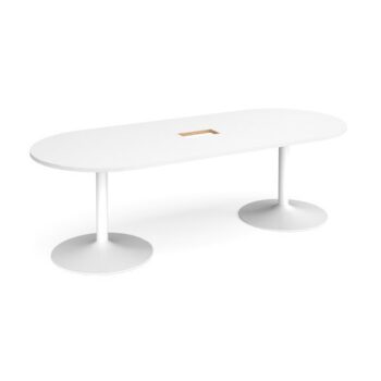 Trumpet base radial end boardroom table 2400mm x 1000mm with central cutout 272mm x 132mm white base white top - TB24-CO-WH-WH