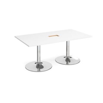 Trumpet base rectangular boardroom table 1800mm x 1000mm with central cutout 272mm x 132mm chrome base white top - TB18-CO-C-WH